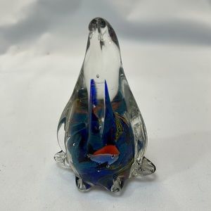 Cobalt Blue Art Glass Penguin with Aquarium Inside Paperweight